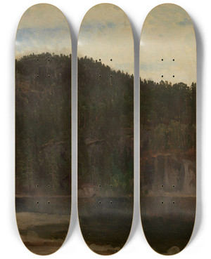 Triptych art skateboard deck of August Cappelen Landscape Study With A Lake_2 by August Cappelen (1827-1852)