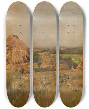Triptych art skateboard deck of Emil Jakob Schindler Erntemonat In Plankenberg by Emil Jakob Schindler (1842-1892)