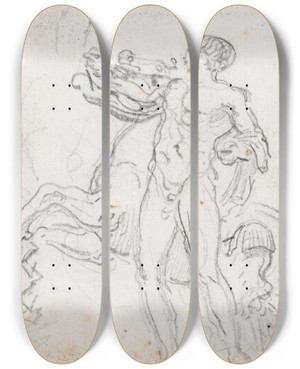 Triptych art skateboard deck of Hubert Robert Statue Of Alexander And Bucephalus Recto by Hubert Robert (1733-1808)