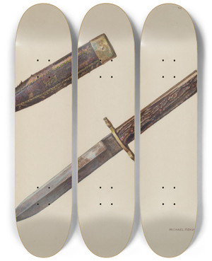 Triptych art skateboard deck of Michael Rekucki Dagger And Sheath by Michael Rekucki