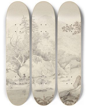 Triptych art skateboard deck of Thomas Hastings The Rapids Between The Upper And Lower Lakes Of Killarney September 1841 by Thomas Hastings (1778-1854)