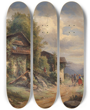 Triptych art skateboard deck of Josef Hger Lndliche Idylle by Josef Hoger (1801-1877)
