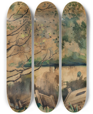 Triptych art skateboard deck of Kazimierz Sichulski Pond In Poturzyca by Kazimierz Sichulski (1879-1942)