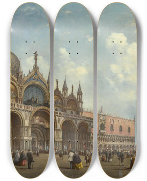 Triptych art skateboard deck of Adolf Sukkert St Marks Square Venice by Adolf Sukkert (1830-1870)