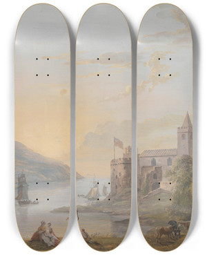 Triptych art skateboard deck of Paul Sandby Dartmouth Castle by Paul Sandby (1731-1809)