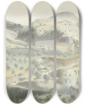 Triptych art skateboard deck of Josephus Augustus Knip Landschap Met Klooster Bij Subiaco by Josephus Augustus Knip (1777-1847)
