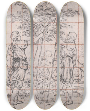 Triptych art skateboard deck of Hubertfranois Gravelot Design For A Frontispiece Shepherds With Flock by Hubert-Franois Gravelot (1699-1773)