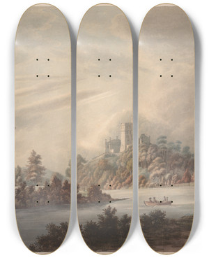 Triptych art skateboard deck of William Green Landscape Castle By A River by William Green