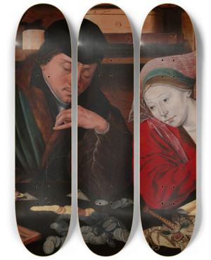 Triptych art skateboard deck of Marinus Van Reymerswale The Banker And His Wife by Marinus Van Reymerswale (1490-1546)
