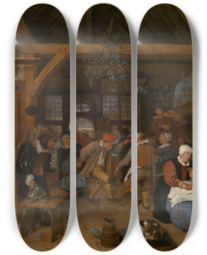 Triptych art skateboard deck of Jan Steen The Wedding Feast by Jan Steen (1626-1679)