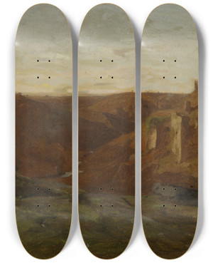 Triptych art skateboard deck of Gustave Castan Landscape With Ruins by Gustave Castan (1823-1892)