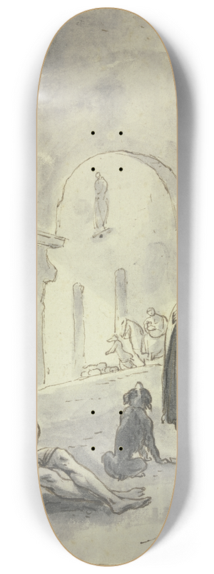 Hendrik Verschuring - In einer Halle sitzt ein Bettler bei einem Esel, vor ihm eine Frau, ein Kind und ein Hund 8.25 inch art skate deck