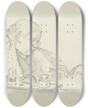 Triptych art skateboard deck of Otto Scholderer Luise Scholderer Schreibend by Otto Scholderer (1834-1902)