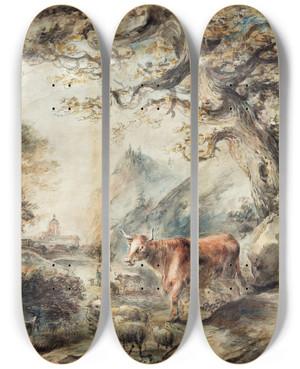 Triptych art skateboard deck of Elias Martin Landscape With Cattle by Elias Martin (1739-1818)