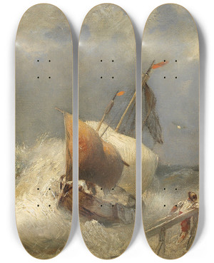 Triptych art skateboard deck of Andreas Achenbach Sturm Am Hafen by Andreas Achenbach (1815-1910)