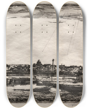 Triptych art skateboard deck of Frank Wilcox Flats by Frank Wilcox (1887-1964)