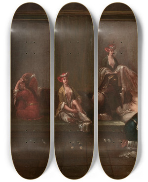 Triptych art skateboard deck of Jean Baptiste Vanmour Le Bain Au Harem by Jean Baptiste Vanmour (1671-1737)