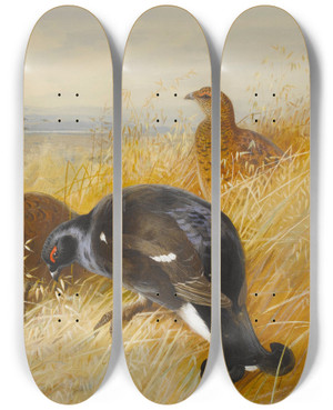 Triptych art skateboard deck of Archibald Thorburn On The Stooksblackgame by Archibald Thorburn (1860-1935)