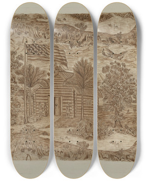 Triptych art skateboard deck of Suzanne Roy Historic Printed Textile by Suzanne Roy