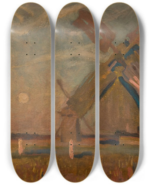 Triptych art skateboard deck of Jan Stanislawski Landscape With Windmills by Jan Stanislawski (1860-1907)