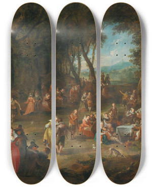 Triptych art skateboard deck of German School Landscape With Elegant Figures by German School
