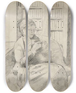 Triptych art skateboard deck of Mary Cassatt Knitting In The Library Recto by Mary Cassatt (1844-1926)