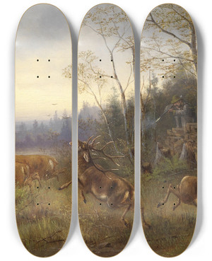Triptych art skateboard deck of Moritz Mller Hirschjagd by Moritz Melzer (1841-1899)