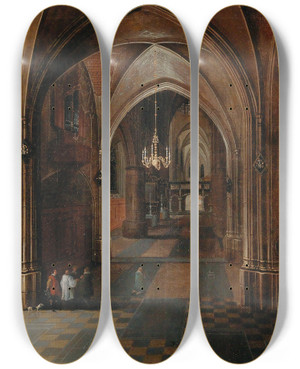 Triptych art skateboard deck of Pieter Neeffs The Elder A Church Interior By Night by Pieter Neeffs The Elder (1620-1675)