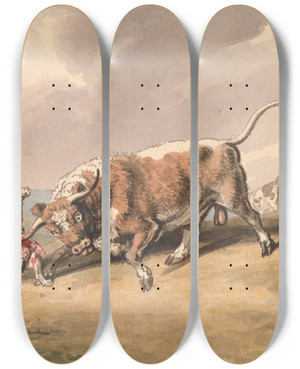 Triptych art skateboard deck of Samuel Howitt A Bull Attacking A Dog by Samuel Howitt (1756-1822)