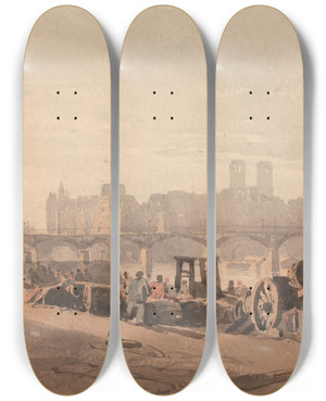 Triptych art skateboard deck of Richard Parkes Bonington Ile De La Cite by Richard Parkes Bonington (1802-1828)