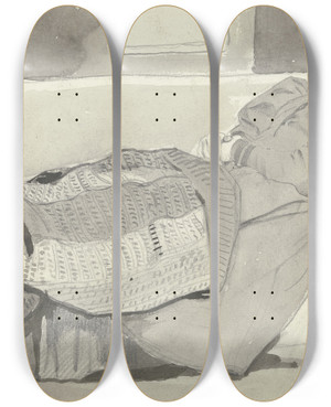 Triptych art skateboard deck of Otto Scholderer Luise Scholderer Auf Dem Sofa Schlafend by Otto Scholderer (1834-1902)