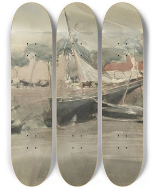Triptych art skateboard deck of Giovanni Boldini Moored Boats by Giovanni Boldini (1842-1931)