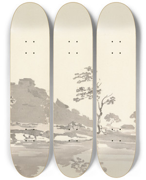 Triptych art skateboard deck of Samuel Davis River Scene With A Fort On A Hill In The Middle Distance by Samuel Davis (1757-1819)