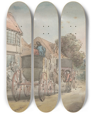 Triptych art skateboard deck of Thomas Rowlandson Coaches Outside An Inn by Thomas Rowlandson (1756-1827)