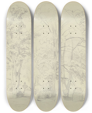 Triptych art skateboard deck of Jakob Becker Baumgruppe Auf Einem Friedhof by Jakob Becker (1810-1872)
