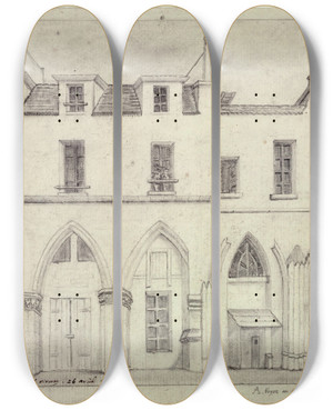 Triptych art skateboard deck of Alfred Bonnardot Restes De Lglise Sainthippolyte by Alfred Bonnardot (1808-1884)
