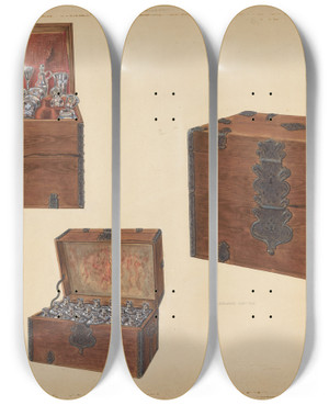 Triptych art skateboard deck of Leonard Battee Wine Chest by Leonard Battee