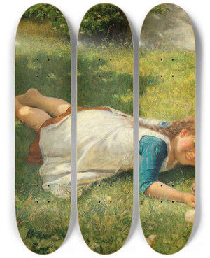 Triptych art skateboard deck of Carl Von Bergen Spiel Mit Den Kken by Carl Von Bergen (1853-1933)