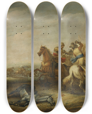 Triptych art skateboard deck of Abraham Van Der Hoef A Cavalry Battle by Abraham van der Hoef (1611-1666)