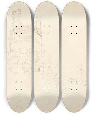 Triptych art skateboard deck of Cornelius Varley Carnarvon Castle by Cornelius Varley (1781-1873)