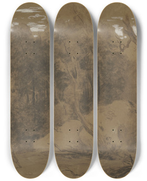 Triptych art skateboard deck of Johann Wilhelm Schirmer Ein Waldweg Ein Wanderer Wird Von Zwei Mannen Angefallen by Johann Wilhelm Schirmer (1807-1863)