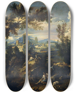 Triptych art skateboard deck of Alessandro Magnasco Landscape With Shepherds by Alessandro Magnasco (1667-1749)
