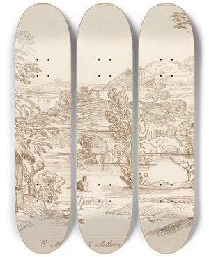 Triptych art skateboard deck of George Knapton Pastoral Scene With Huts by George Knapton (1698-1778)