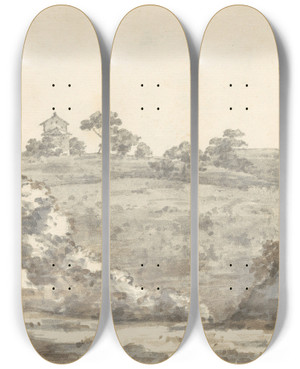 Triptych art skateboard deck of Joseph Wright Of Derby Landscape With A Twostory Building On A Hill by Joseph Wright Of Derby (1734-1797)