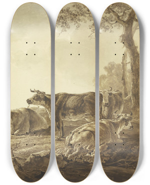 Triptych art skateboard deck of Jacob Van Strij Rinderherde An Einem Fluufer by Jacob Van Strij (1756-1815)