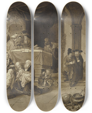Triptych art skateboard deck of Johann Ernst Constantin Plesch Die Darstellung Im Tempel by Johann Ernst Constantin Plesch