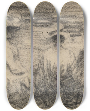 Triptych art skateboard deck of French School Three Figures Seated In A Meadow Seen From The Back by French School (16-19-)
