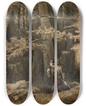 Triptych art skateboard deck of Hans Thoma Der Jger Im Wald by Hans Thoma (1839-1924)