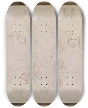 Triptych art skateboard deck of Fabio Canal Studier Til Kristus Hoved Og Engle by Fabio Canal