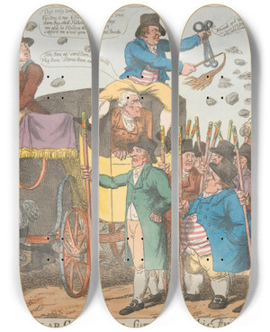 Triptych art skateboard deck of Charles Williams The Popular Candidate Surrounded By His Friends by Charles Williams